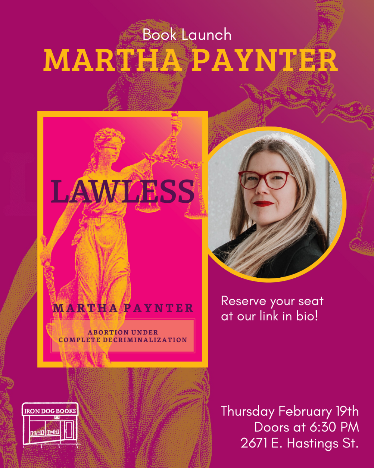Book launch poster for "Lawless" by Martha Paynter featuring the author's portrait and event details for February 19th at 6:30 PM.