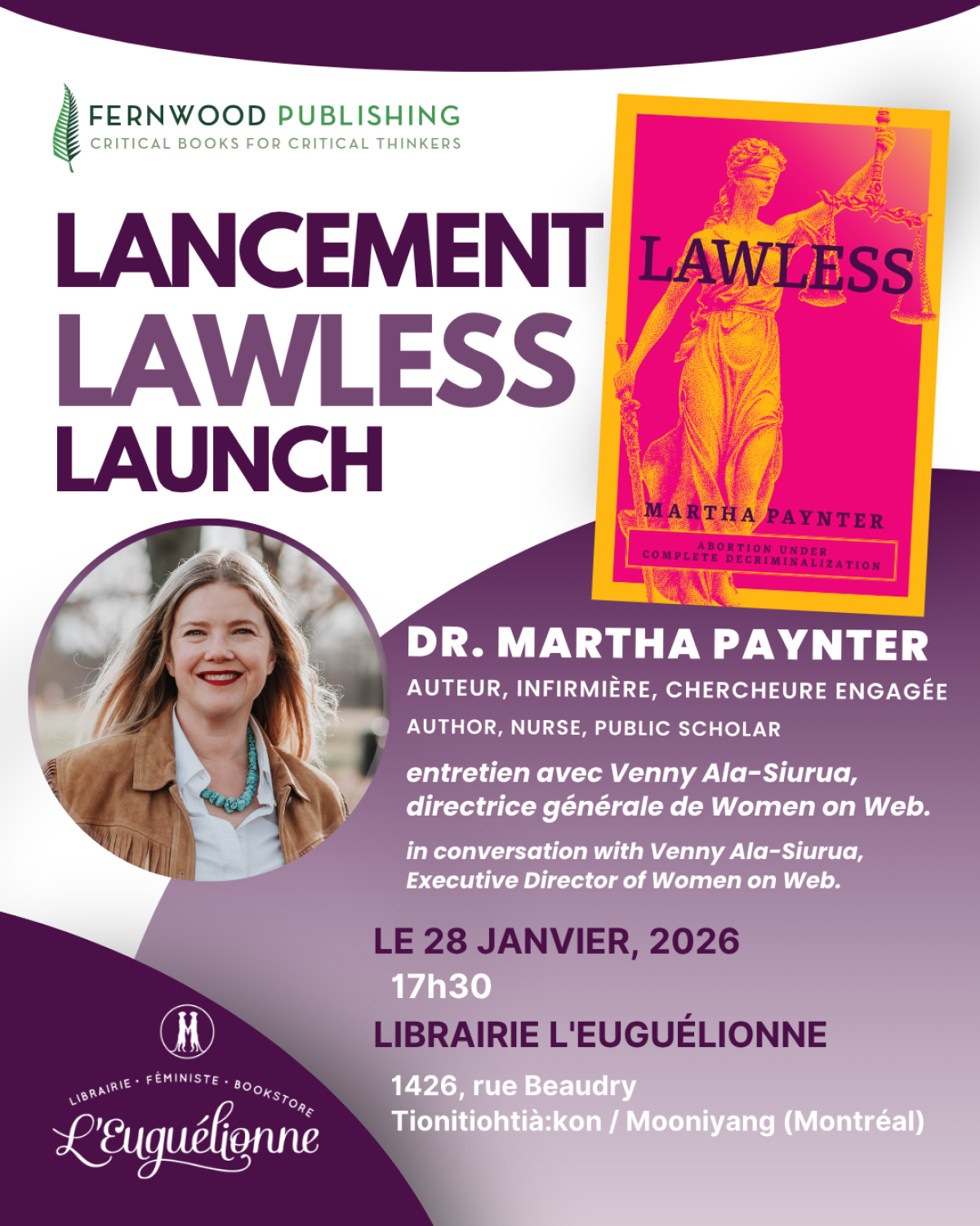 Promotional poster for "Lawless" book launch featuring Dr. Martha Paynter on January 28, 2026 at L'Eguélionne bookstore in Montreal.