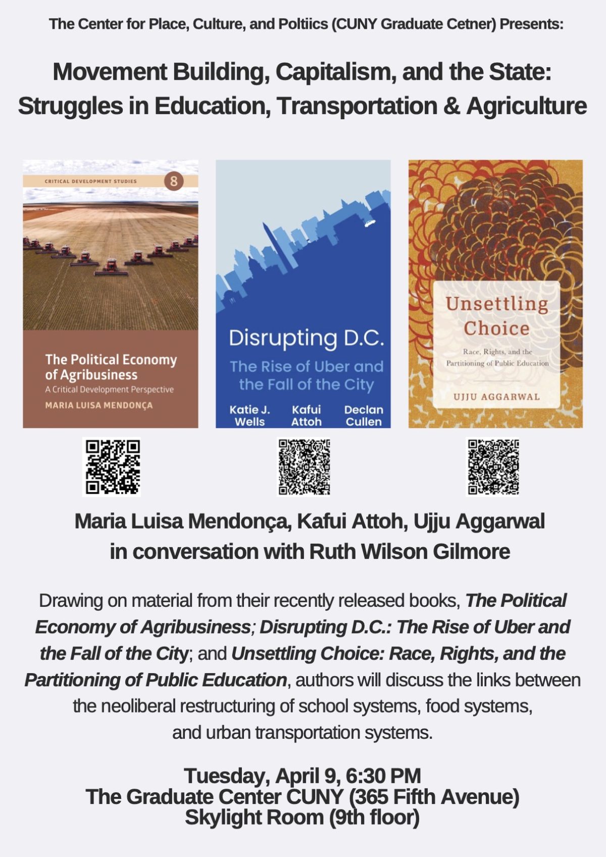 Event poster for a panel discussion on movement building, capitalism, and the state featuring three book covers and speaker names.