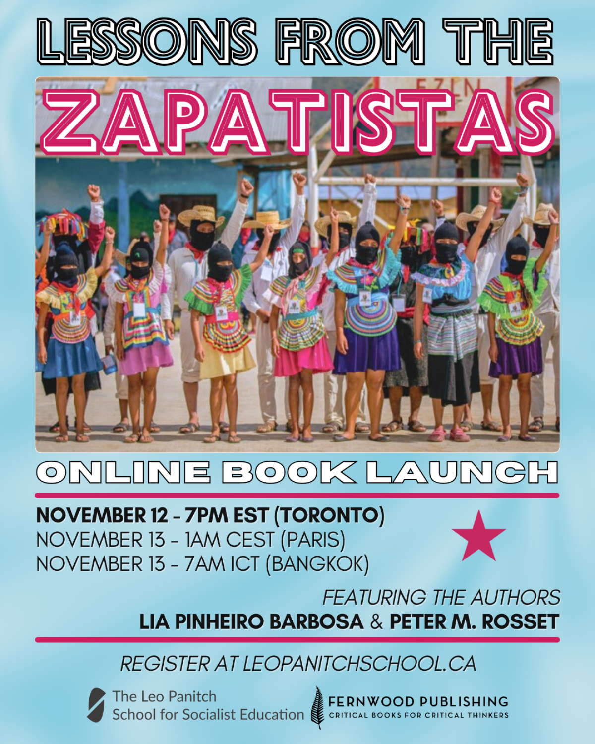 Promotional poster for "Lessons from the Zapatistas" book launch featuring Indigenous people with raised fists wearing colorful traditional clothing.
