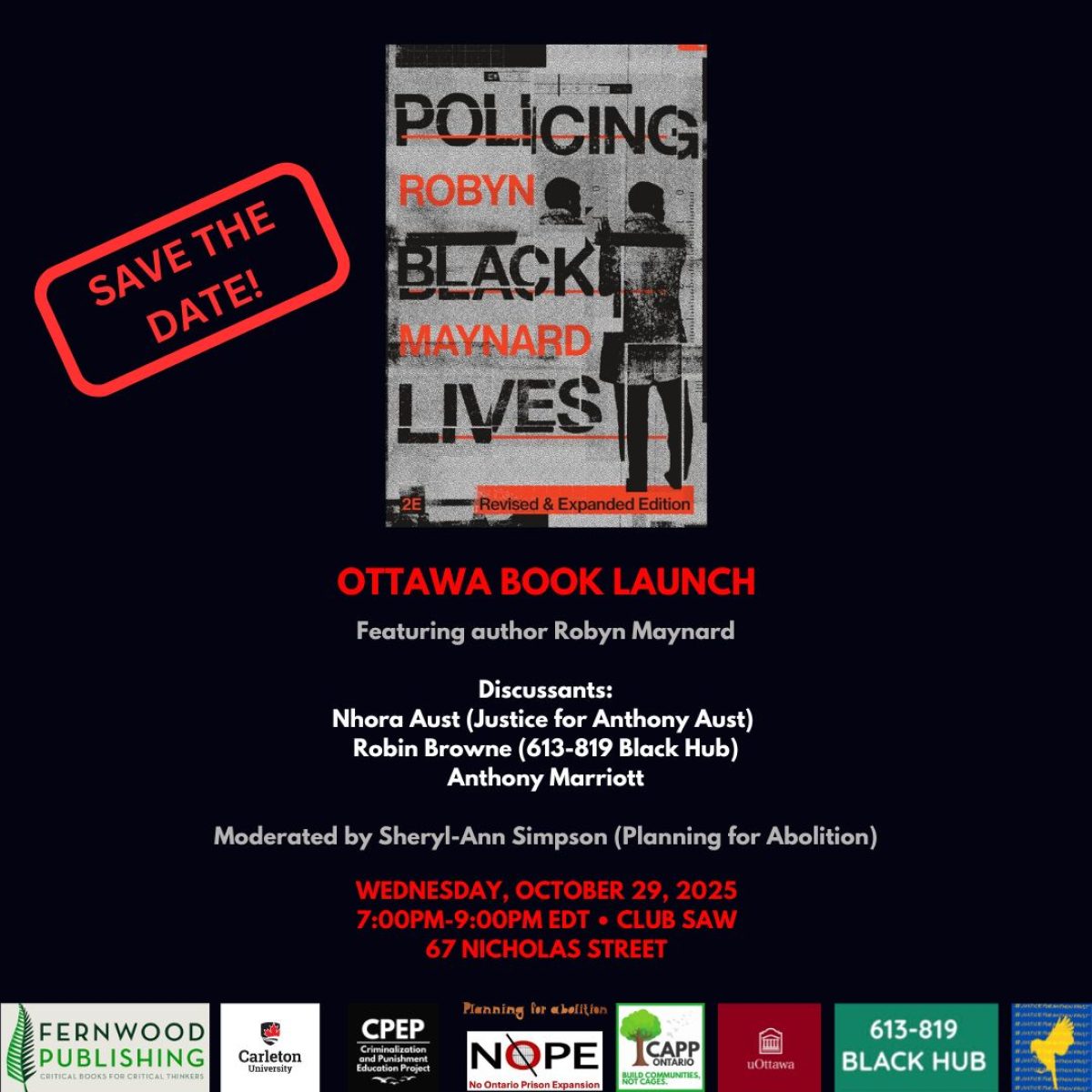 Book launch flyer for "Policing Robyn Black Maynard Lives" featuring event details for October 29, 2025 in Ottawa.
