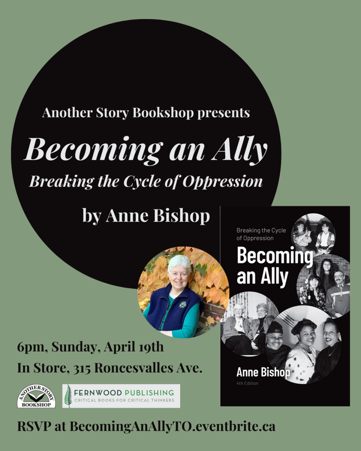 Event poster for "Becoming an Ally" by Anne Bishop on April 19th at Another Story Bookshop, featuring the book cover and author photo.