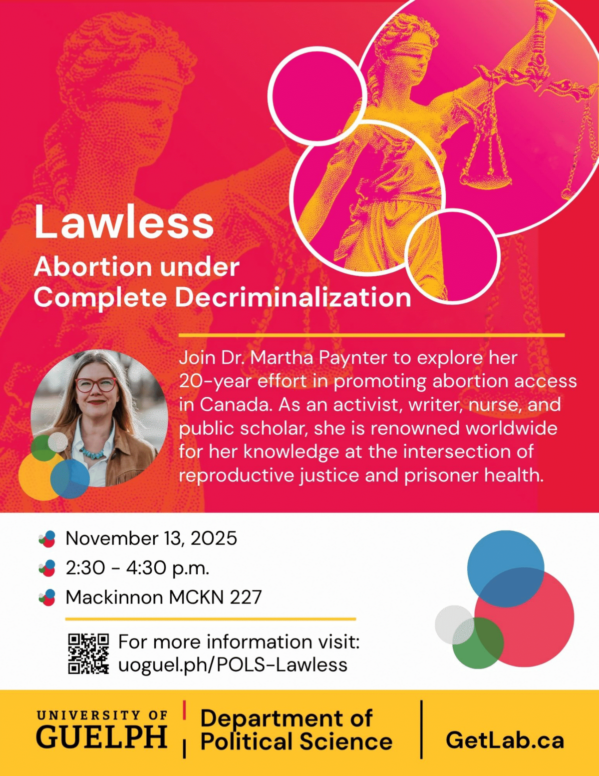 Event poster for "Lawless: Abortion under Complete Decriminalization" featuring Dr. Martha Paynter, November 13, 2025, at University of Guelph.