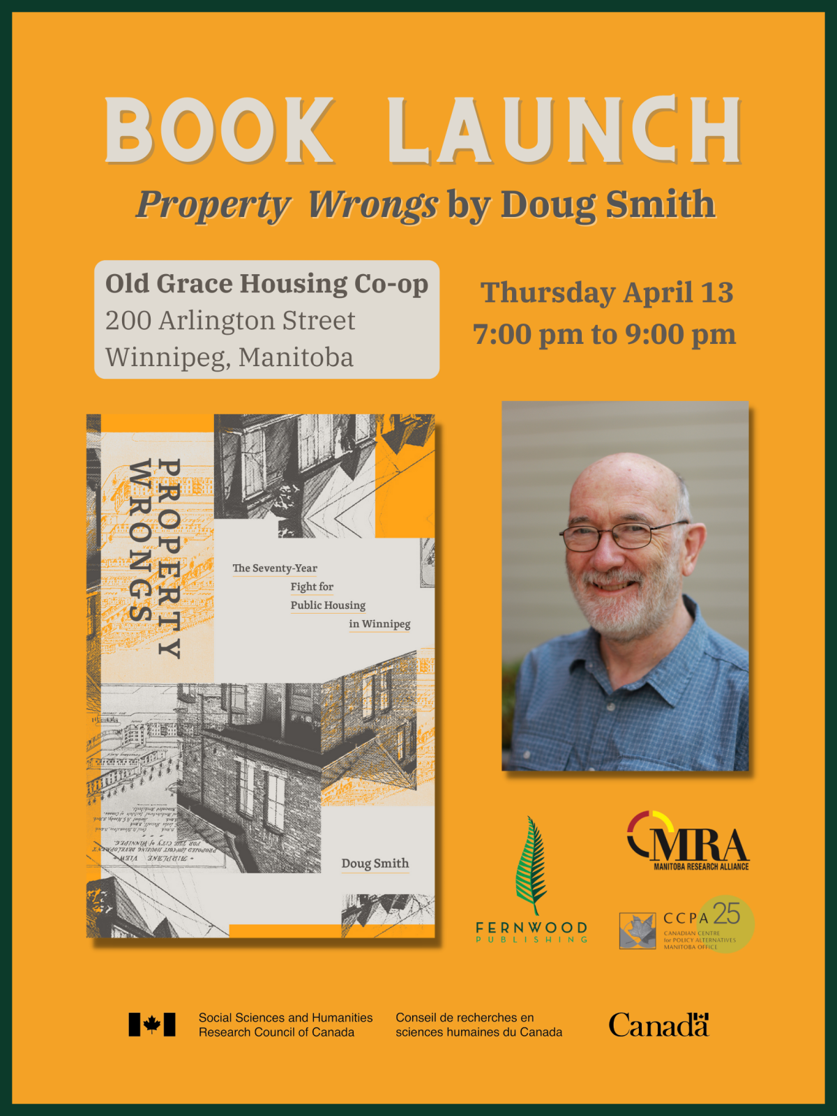 Book launch poster for "Property Wrongs" by Doug Smith at Old Grace Housing Co-op, April 13, 7-9pm.