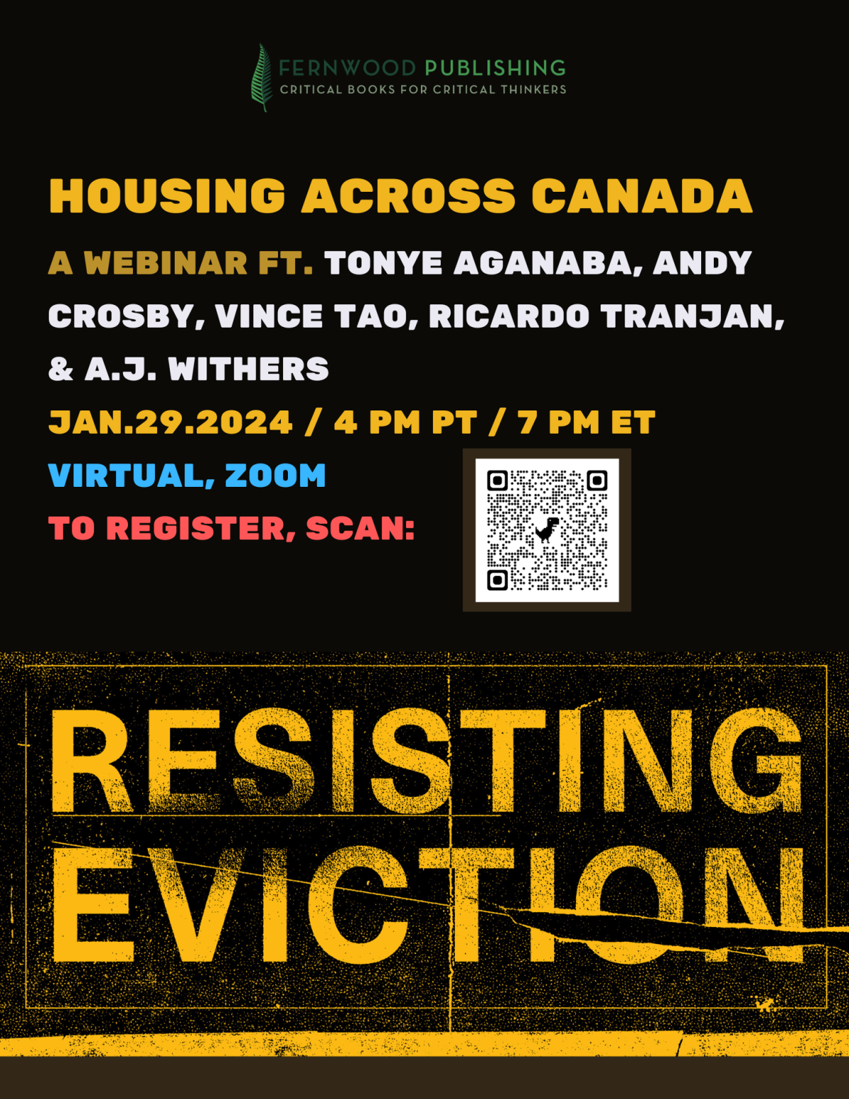Fernwood Publishing webinar poster for "Housing Across Canada" on Jan 29, 2024 featuring five speakers, with QR code to register.