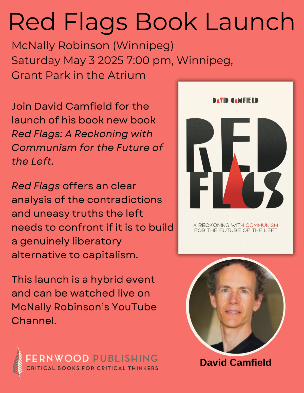 Red Flags book launch event poster featuring David Camfield, May 3 2025, Winnipeg Grant Park Atrium, hybrid event on McNally Robinson YouTube.