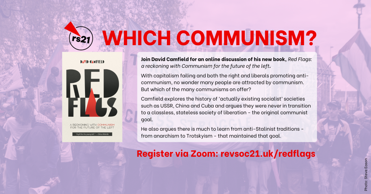 Event poster for "Which Communism?" discussion featuring the book "Red Flags" by David Camfield, with registration link.