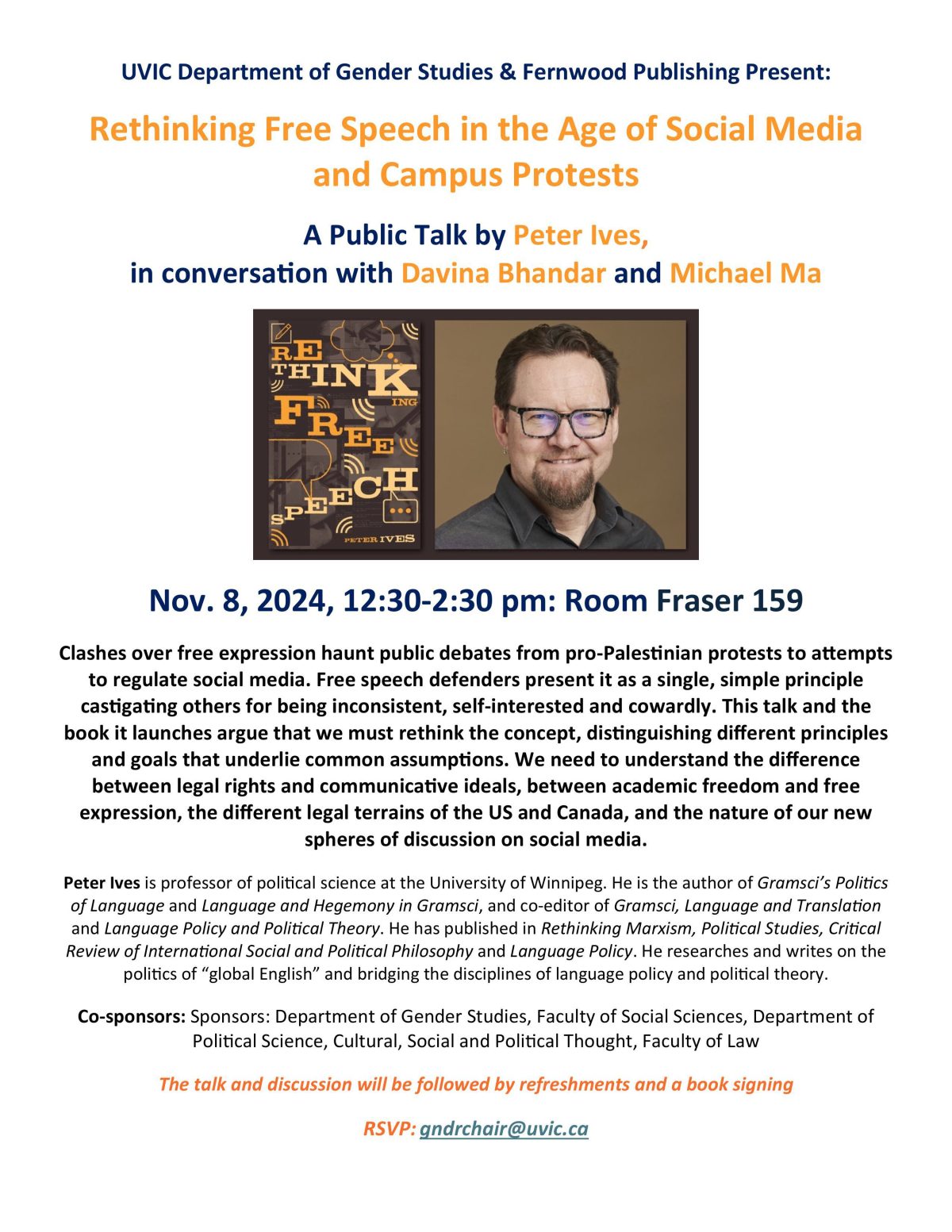 Event poster for public talk on free speech featuring speaker Peter Ives, Nov 8, 2024, Room Fraser 159, UVIC.