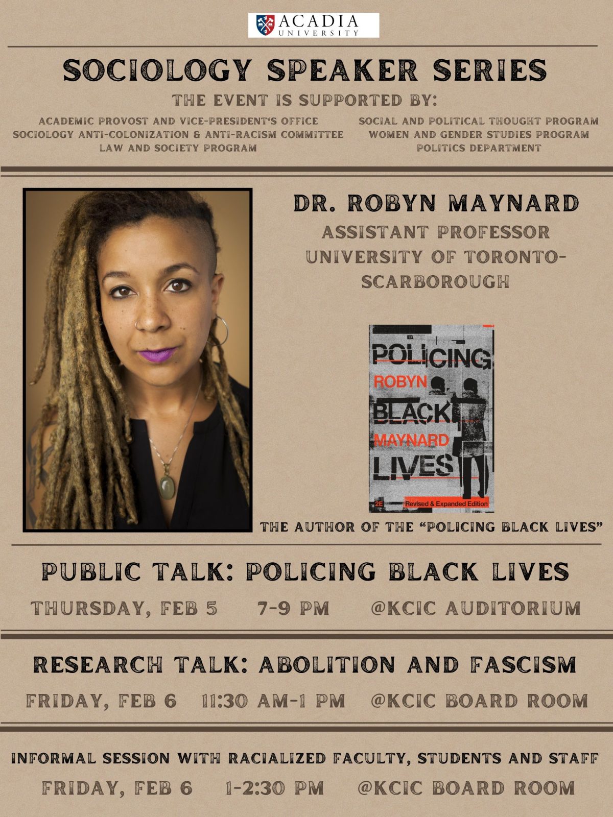 Flyer for Acadia University Sociology Speaker Series featuring Dr. Robyn Maynard, Assistant Professor at University of Toronto-Scarborough, discussing policing and Black lives.