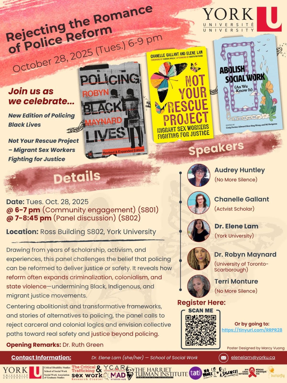 Event poster for "Rejecting the Romance of Police Reform" at York University on October 28, 2025, featuring speakers and book covers.