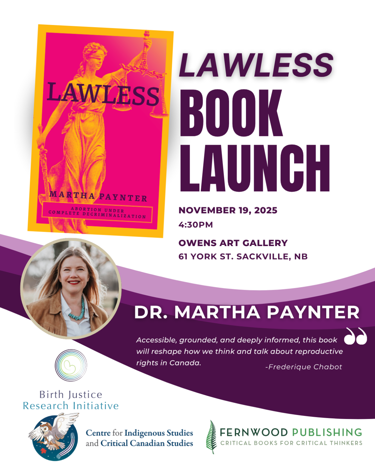 Promotional poster for "Lawless" book launch by Dr. Martha Paynter on November 19, 2025 at Owens Art Gallery in Sackville, NB.