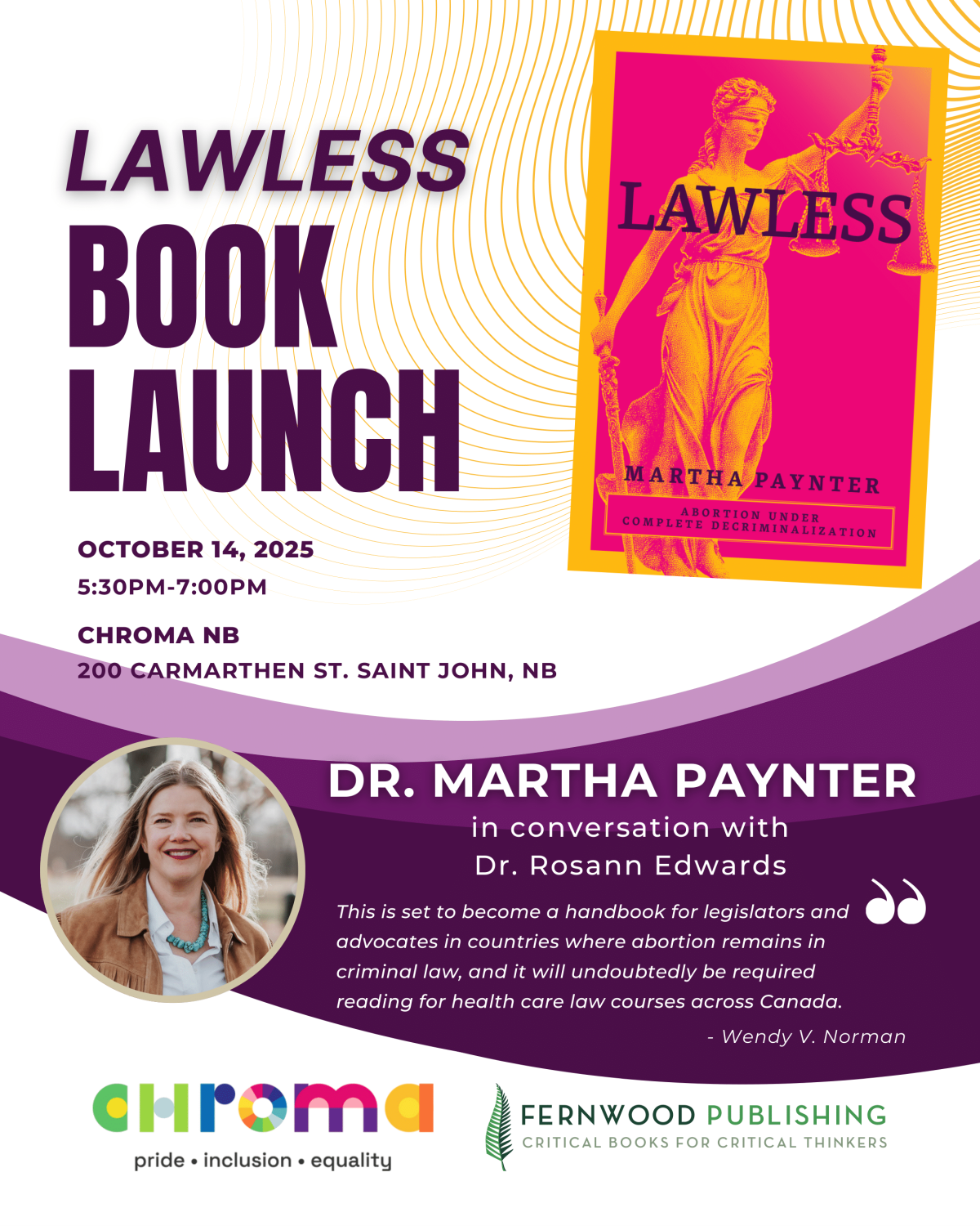 Promotional poster for "Lawless" book launch by Martha Paynter on October 14, 2025 at Chroma NB in Saint John.