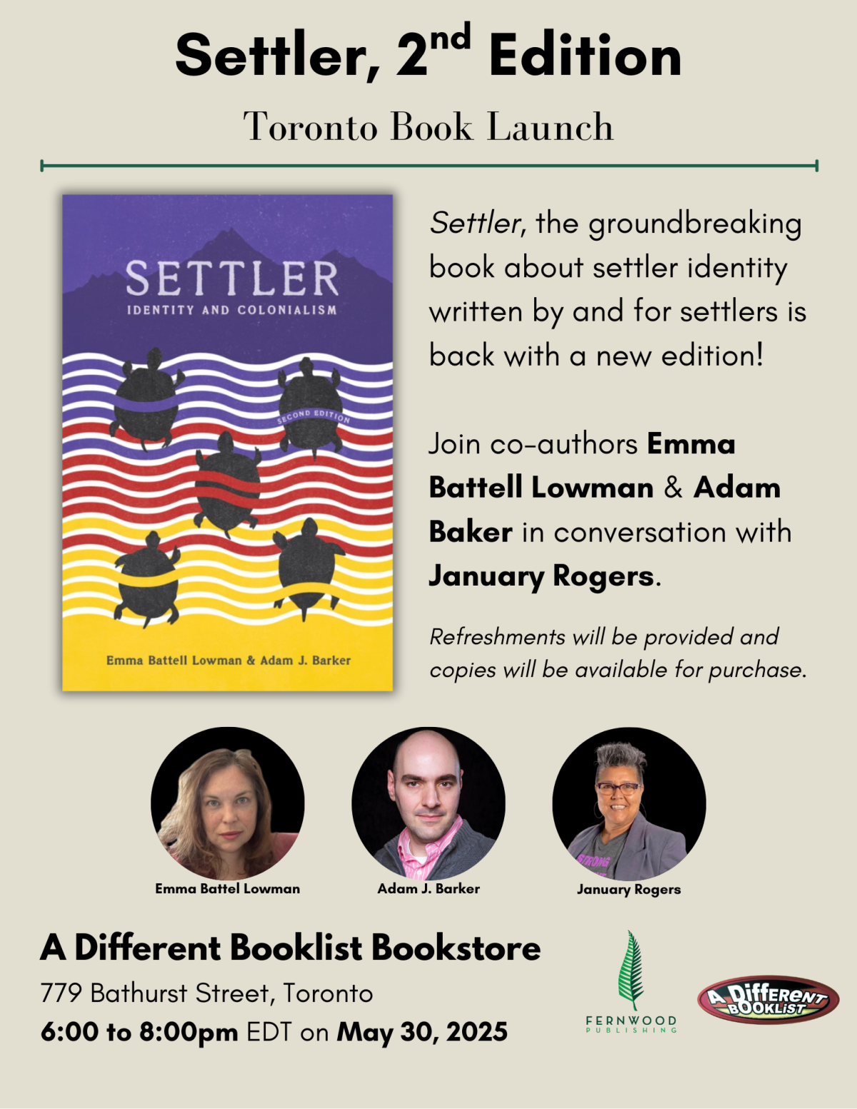 Settler 2nd Edition book launch poster featuring authors Emma Battell Lowman and Adam J. Baker with January Rogers, May 30, 2025.