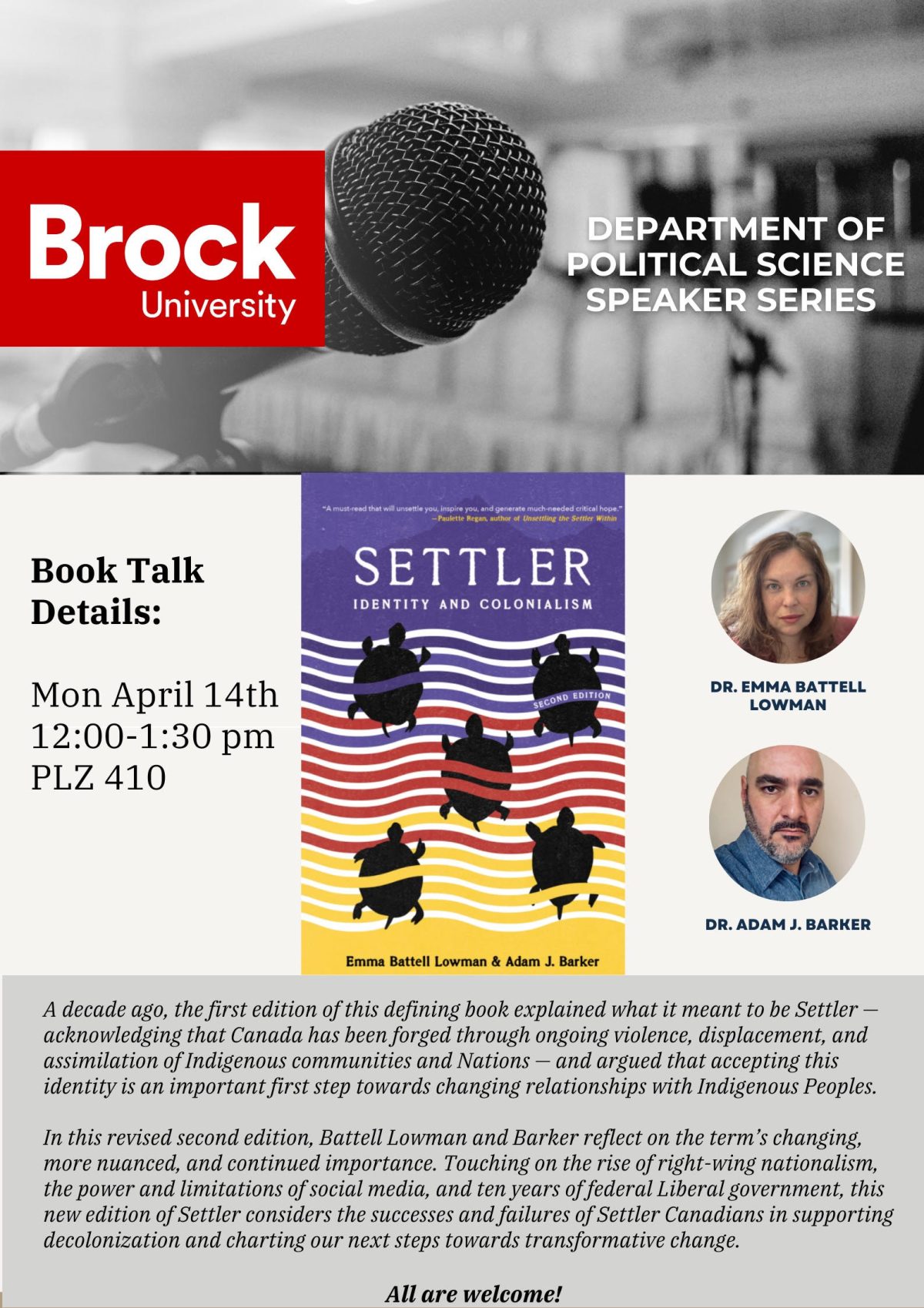 Brock University Department of Political Science Speaker Series poster for book talk on "Settler" by Emma Battell Lowman and Adam J. Barker on April 14th.