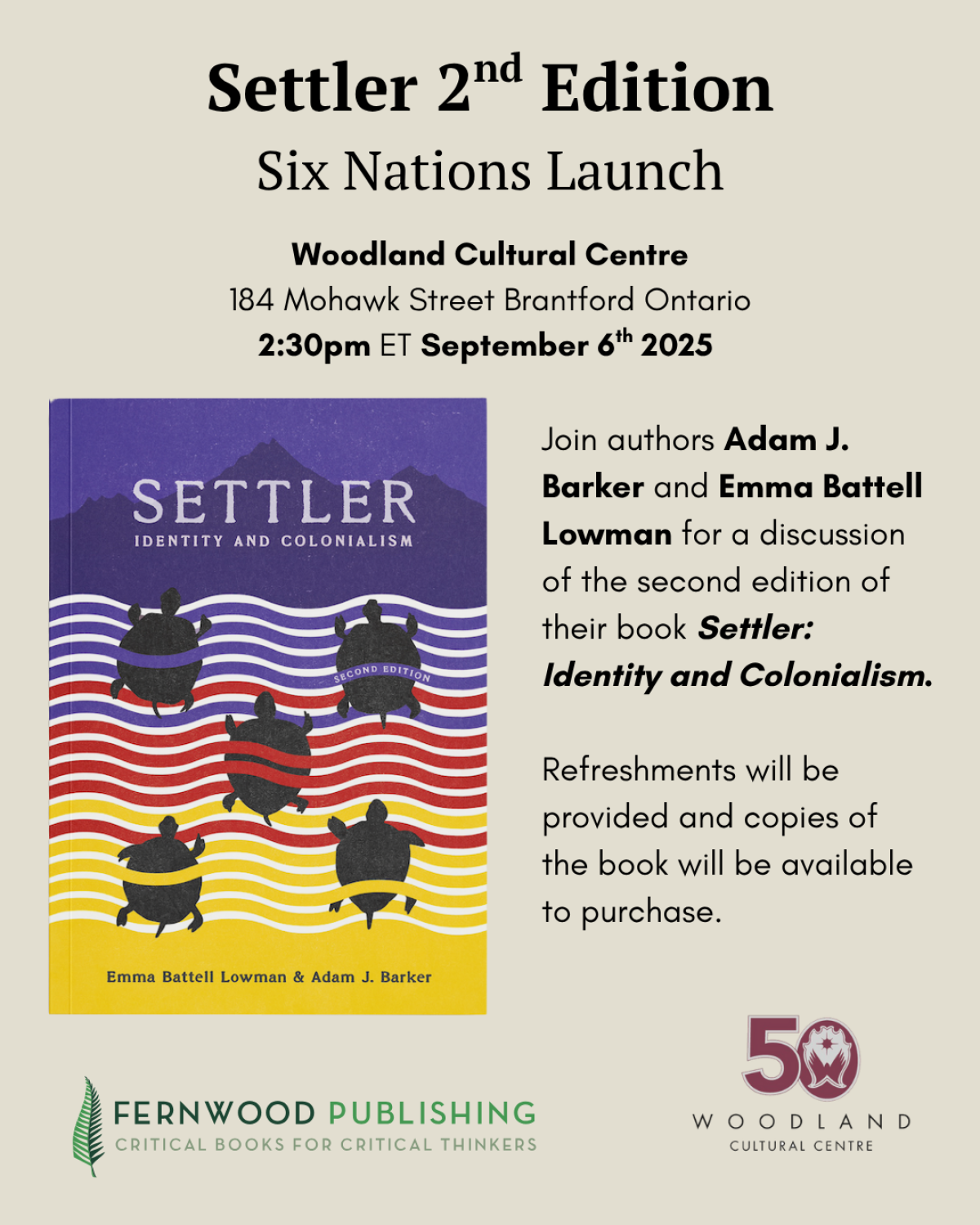 Settler 2nd Edition book launch event poster featuring colorful Indigenous artwork and event details for September 6, 2025 in Brantford, Ontario.