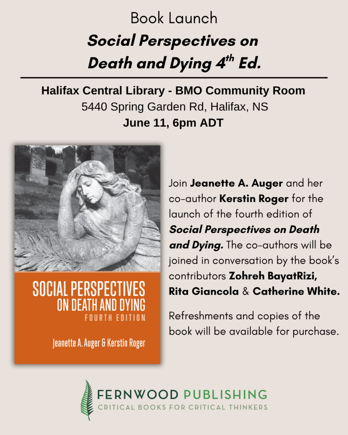 Book launch flyer for "Social Perspectives on Death and Dying 4th Ed." at Halifax Central Library on June 11 at 6pm ADT.