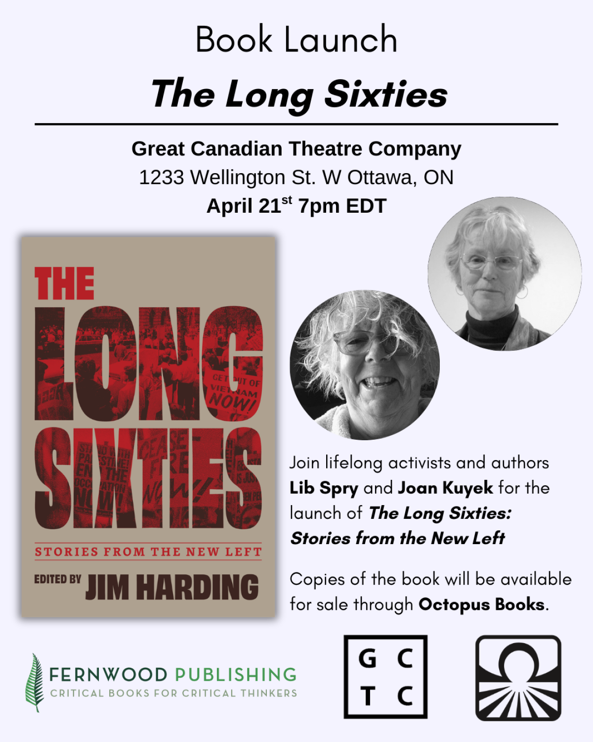 Book launch flyer for "The Long Sixties" edited by Jim Harding, featuring event details and two author portraits.
