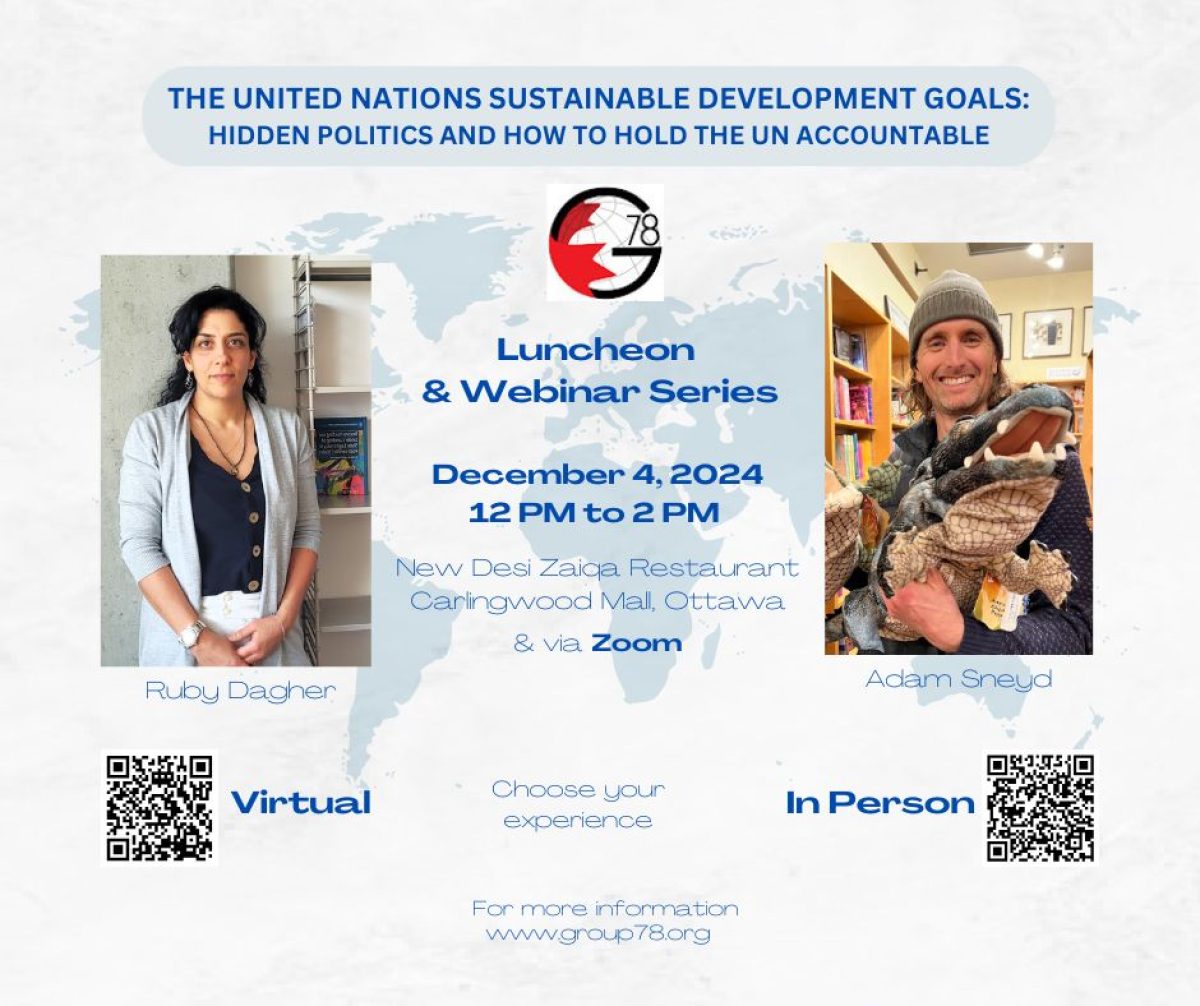 Promotional flyer for December 4, 2024 luncheon and webinar on UN Sustainable Development Goals featuring speakers Ruby Dagher and Adam Sneyd.