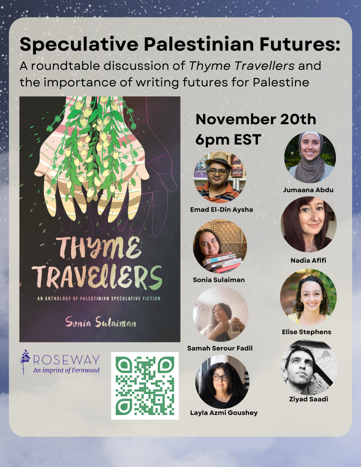 Promotional poster for "Speculative Palestinian Futures" roundtable discussion on November 20th featuring Thyme Travellers anthology and six panelists.