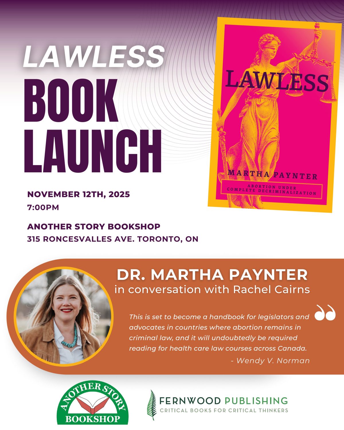 Promotional poster for "Lawless" book launch on November 12th, 2025 at Another Story Bookshop in Toronto, featuring author Martha Paynter.