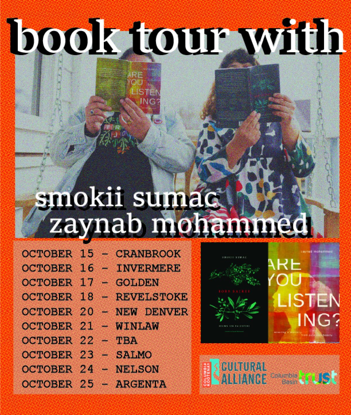 Book tour poster for Smokii Sumac and Zaynab Mohammed across Canadian cities in October, featuring two people holding books.