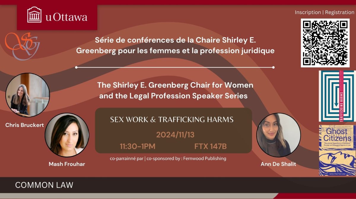 Poster for uOttawa lecture on sex work and trafficking harms featuring speakers Chris Bruckert, Mash Frouhar, and Ann De Shalit.