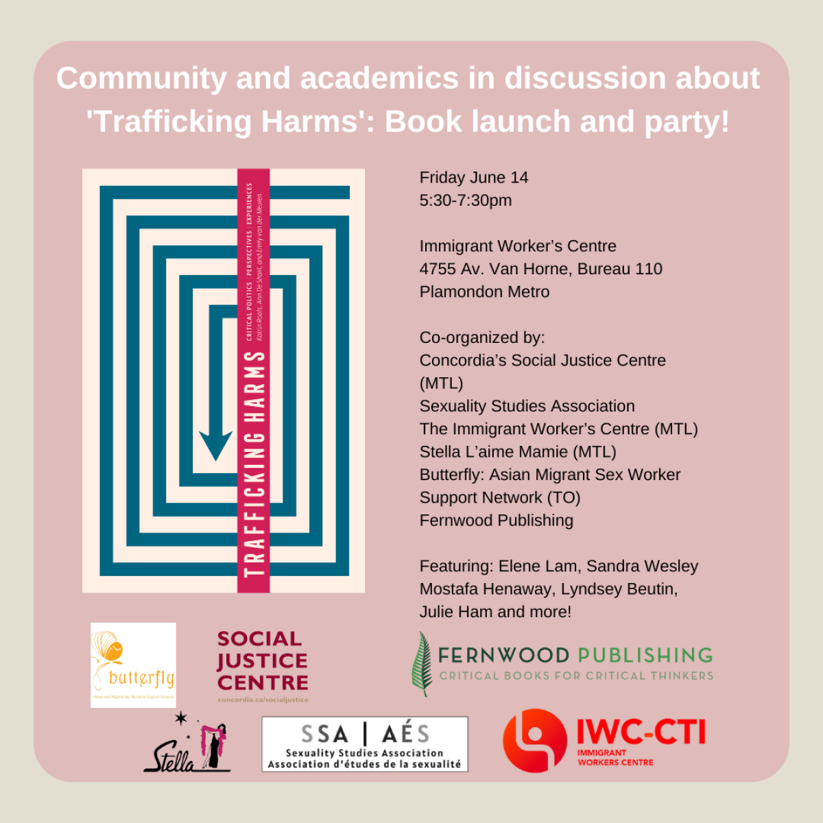 Event poster for "Trafficking Harms" book launch on June 14, featuring community and academic speakers at the Immigrant Worker's Centre in Montreal.