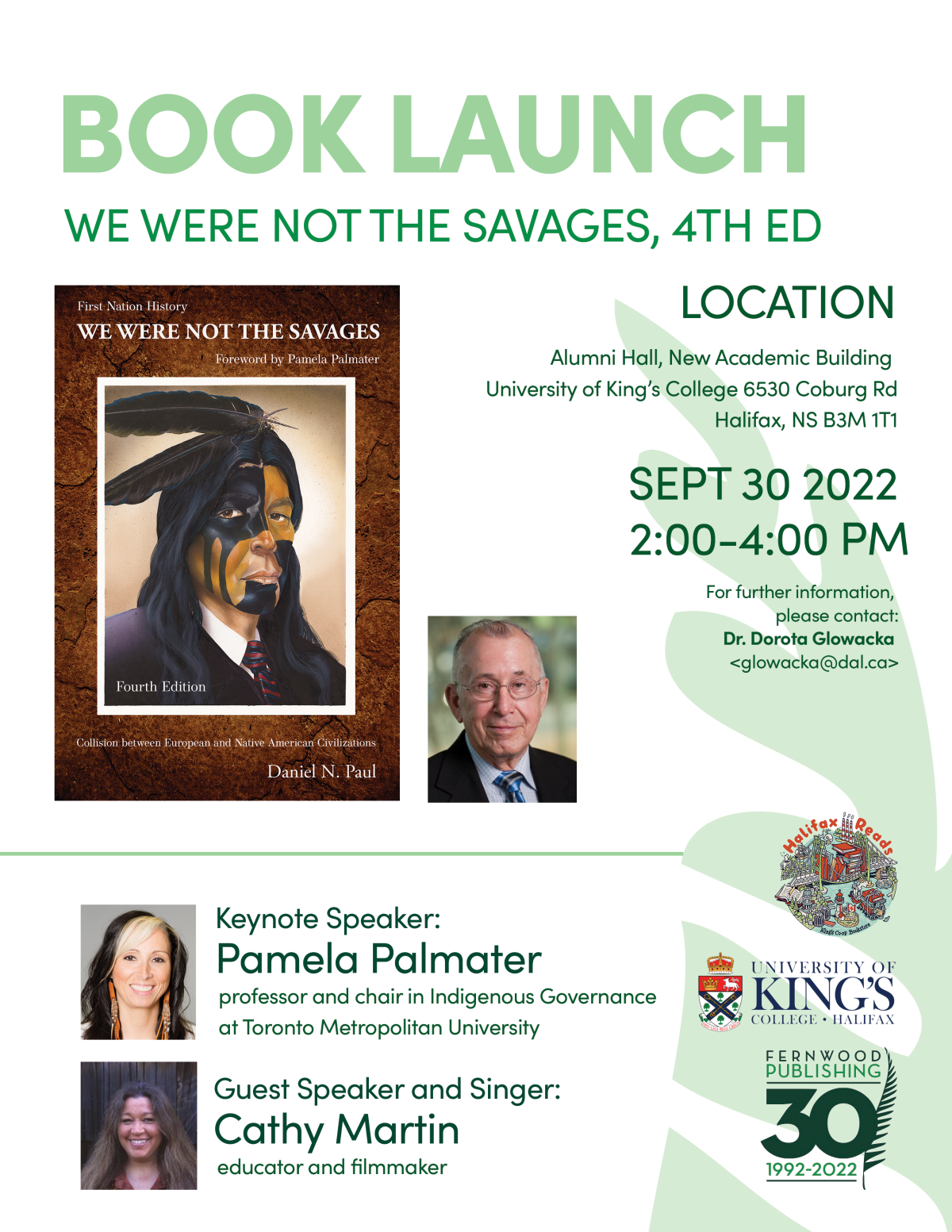 Book launch flyer for "We Were Not The Savages, 4th Edition" by Daniel N. Paul, featuring keynote speaker Pamela Palmater and guest speaker Cathy Martin on September 30, 2022.