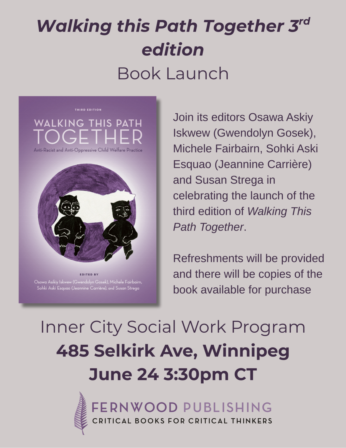 Book launch flyer for "Walking this Path Together 3rd edition" featuring purple cover with silhouettes, event details for June 24 in Winnipeg.