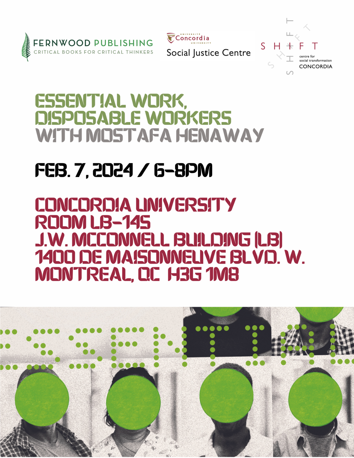 Event poster for "Essential Work, Disposable Workers" with Mostafa Henaway on Feb. 7, 2024 at Concordia University in Montreal.
