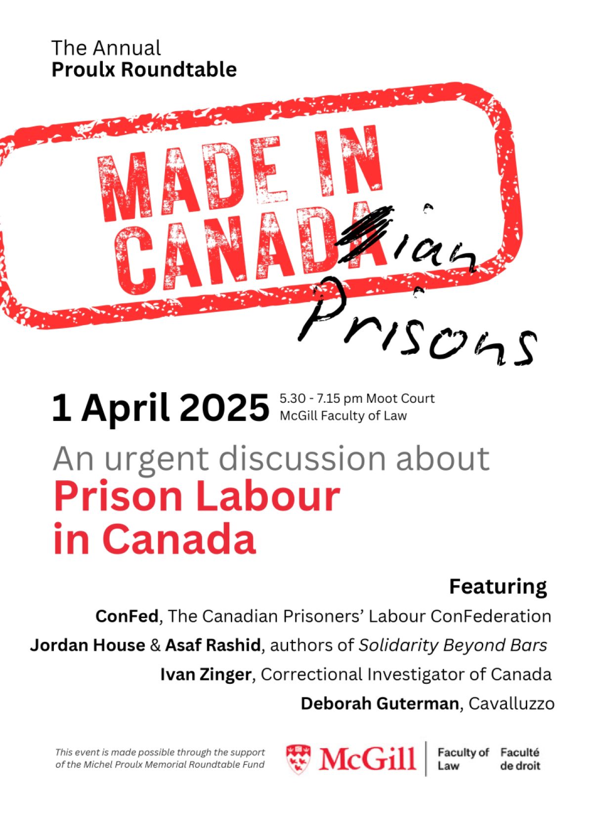 Poster for Annual Prouix Roundtable on Prison Labour in Canada, April 1, 2025 at McGill Faculty of Law.