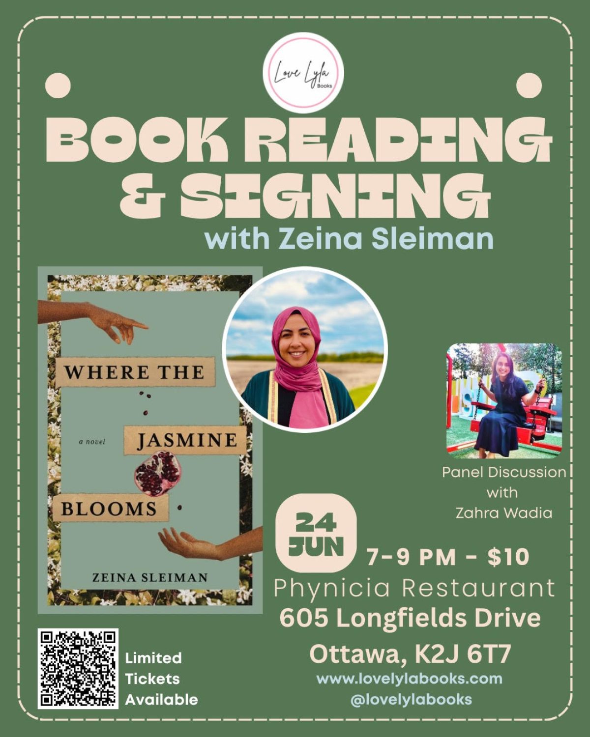 Event poster for book reading and signing featuring "Where the Jasmine Blooms" by Zeina Sleiman on June 24, 7-9 PM at Phynicia Restaurant in Ottawa.