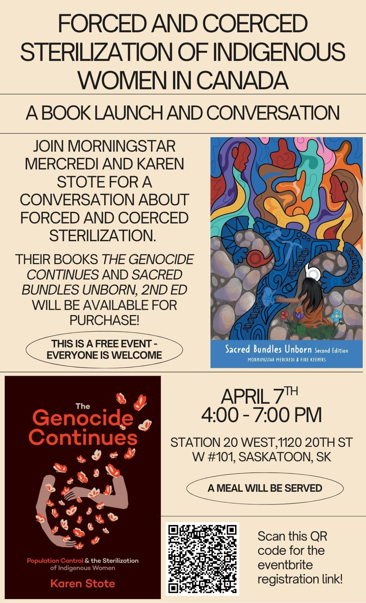 Poster for book launch event on forced sterilization of Indigenous people in Canada, April 7th in Saskatoon.