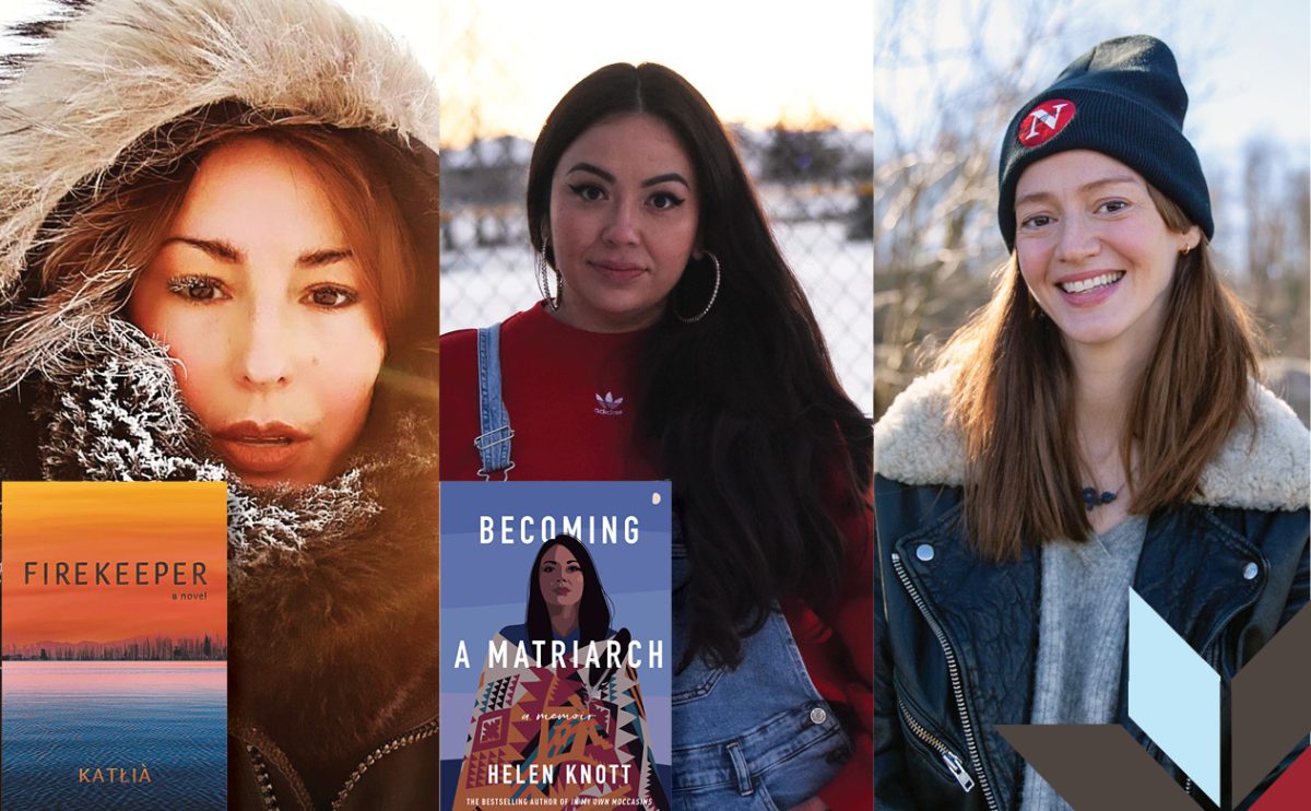 Three people posed outdoors in winter settings with two book covers displayed: "Firekeeper" by Katija and "Becoming a Matriarch" by Helen Knott.