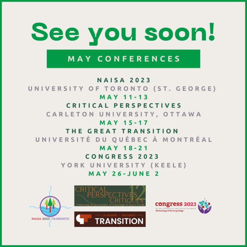 Promotional poster listing four academic conferences happening in May 2023 across Canadian universities.
