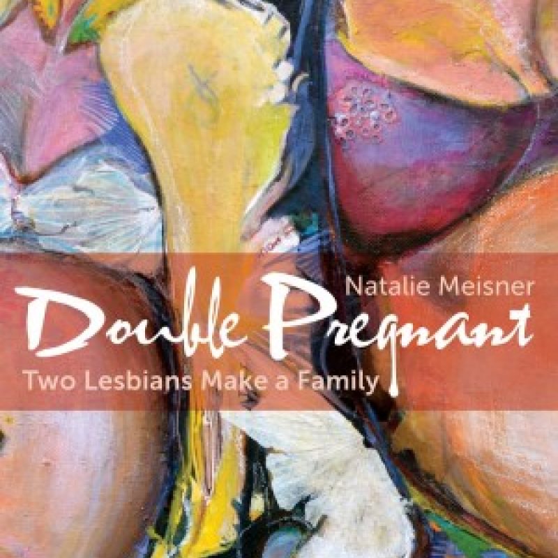 Book cover for "Double Pregnant" by Natalie Meisner with abstract colorful artwork featuring organic shapes in yellow, pink, and blue tones.
