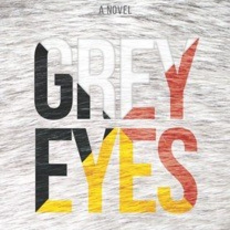 Book cover for "Grey Eyes" by Frank Christopher Busch featuring stylized text in black, yellow, and red on a textured gray background.