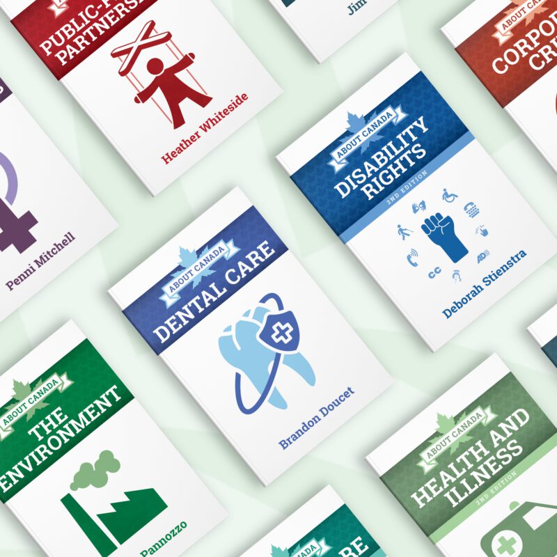 Collection of "About Canada" educational booklets arranged diagonally, covering topics including public partnerships, disability rights, dental care, environment, and health and wellness.