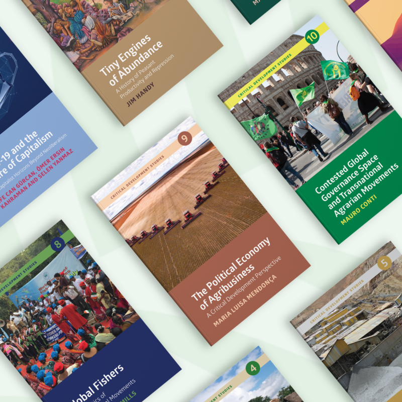 Collection of academic books arranged diagonally on white background, displaying titles about social movements, agriculture, and global politics.
