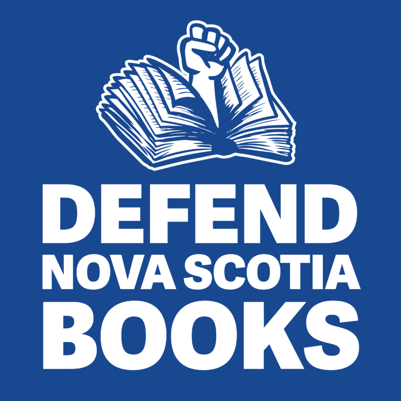 White logo on blue background showing an open book with a fist raised above it, text reads "DEFEND NOVA SCOTIA BOOKS"