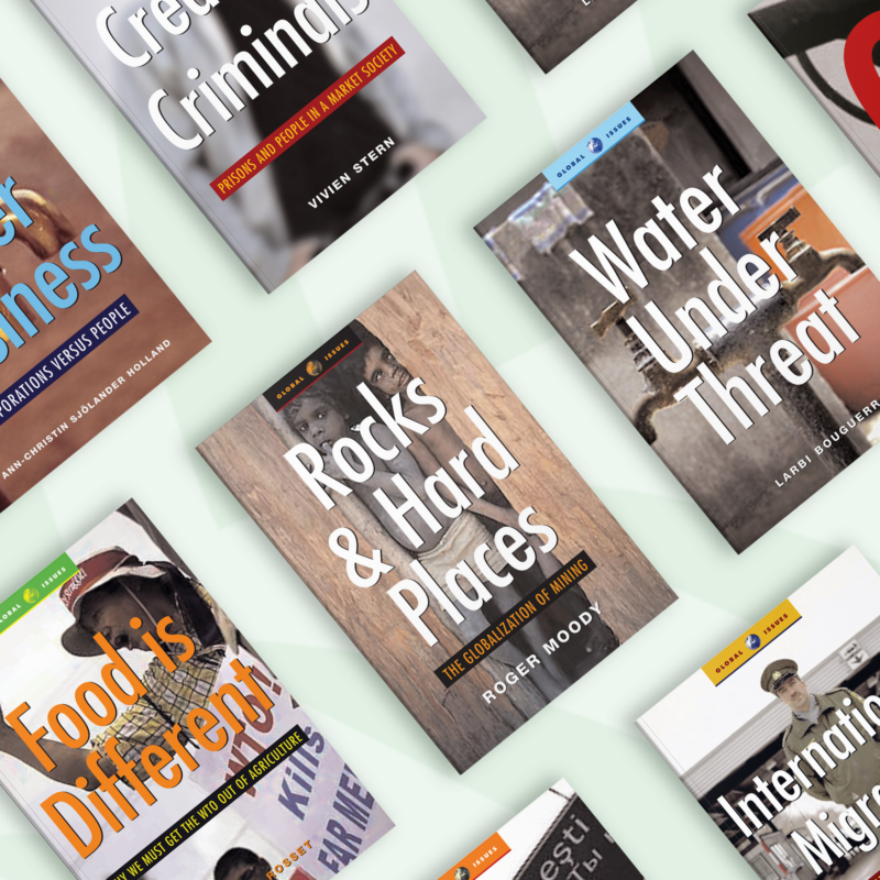 Collection of books arranged on a light background, including titles "Rocks & Hard Places," "Water Under Threat," and "Grinding," displaying various covers and spines.