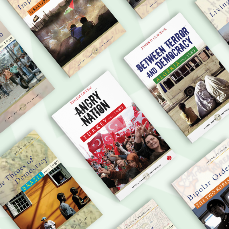 Collection of books on political history and democracy displayed on a light background, including titles about Turkey, Brazil, and terrorism.