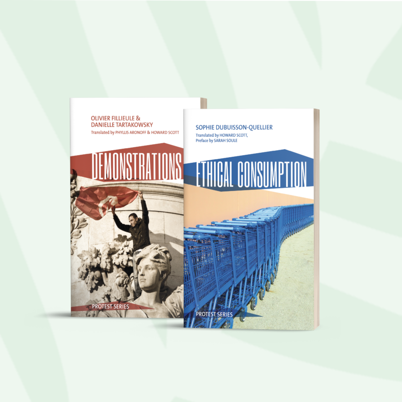 Two books from the Protest Series displayed side by side: "Demonstrations" and "Ethical Consumption" with cover imagery of protests and shopping carts.