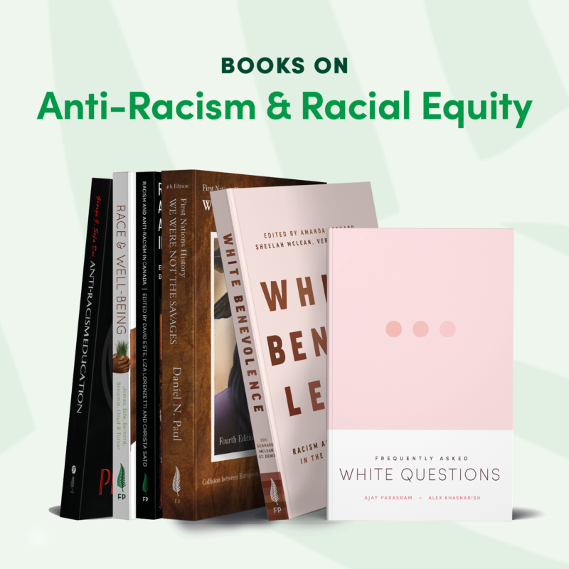 A collection of books on anti-racism and racial equity displayed against a light green striped background, with "Frequently Asked White Questions" visible in the foreground.