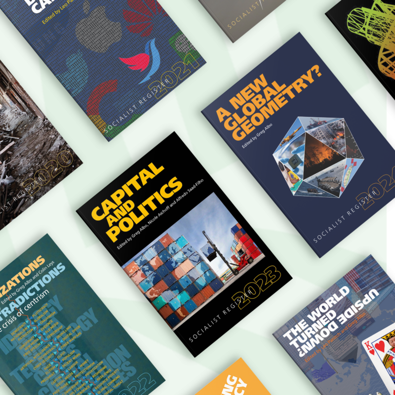 Collection of Socialist Register academic books arranged diagonally on white background, featuring titles on global geometry, capital and politics, and world transformation.