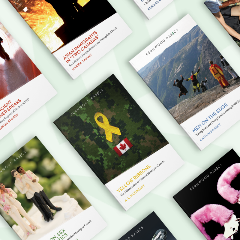 Collection of Fernwood Basics books arranged on a light green background, displaying various colorful covers about relationships and Canadian topics.
