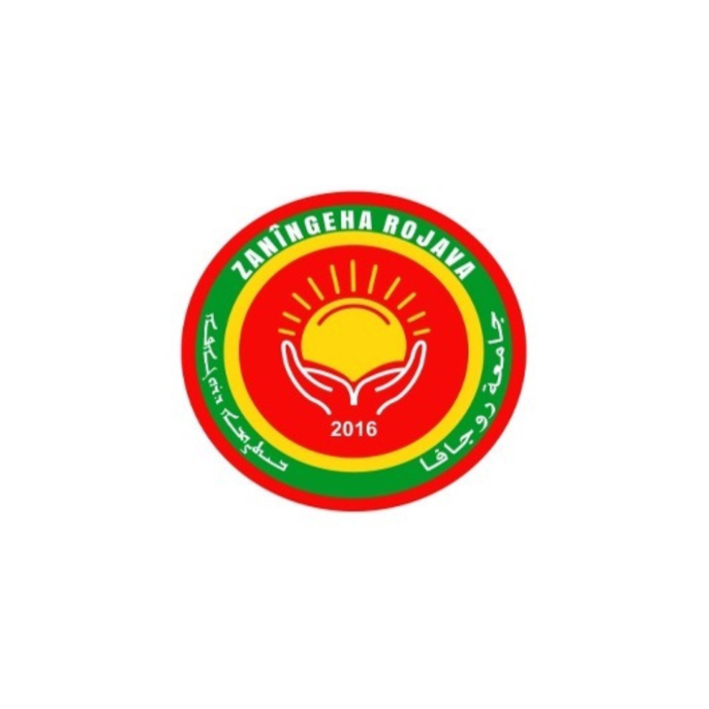 Circular logo with red, yellow, and green colors featuring a sun symbol held by hands, established 2016, with text "Zanyingena Rojava" around the border.