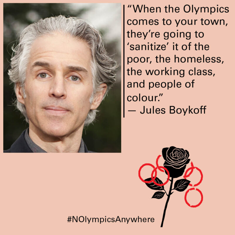 Person with gray hair next to quote about Olympics displacing vulnerable populations, with rose and Olympic rings logo.