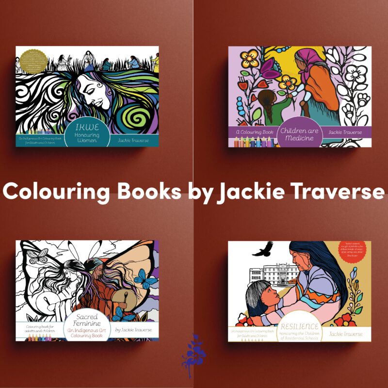 Four colouring books by Jackie Traverse displayed on a brown background, featuring illustrated covers with diverse themes and artistic designs.