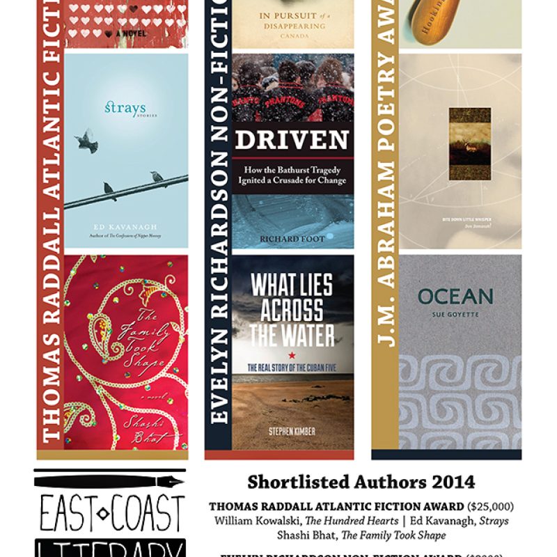 East Coast Literary Awards 2014 shortlisted authors poster featuring book covers and award categories from Writers' Federation of Nova Scotia.